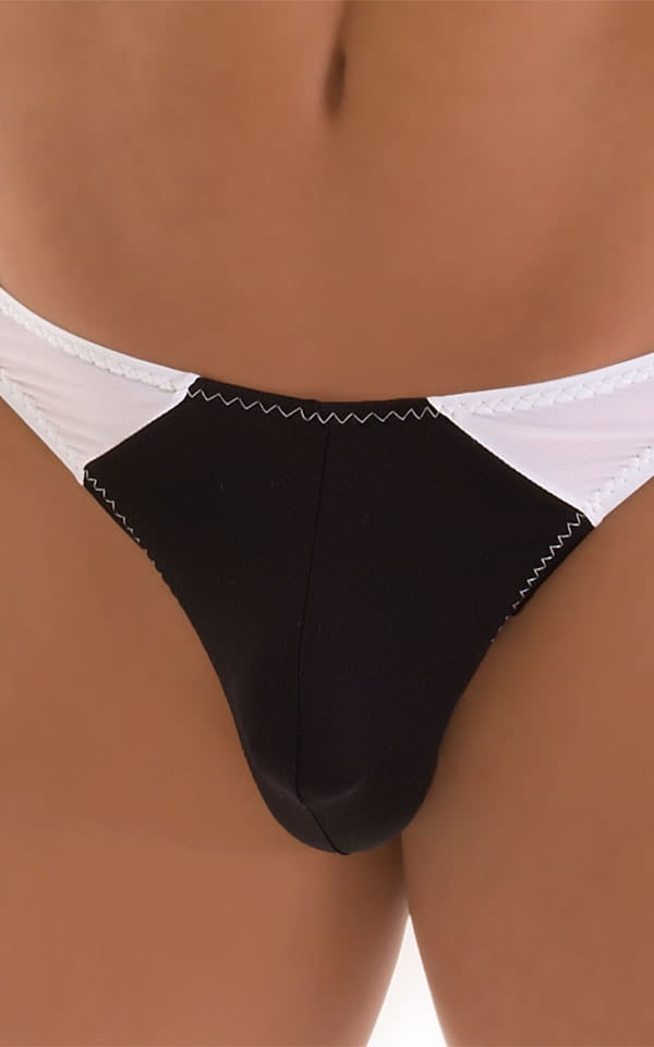 Color Blocked T Back Thong Swimsuit in Super ThinSKINZ Black and White, Front Alternative