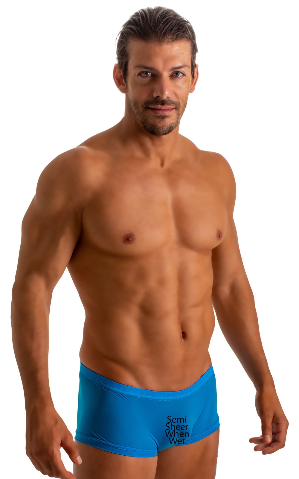 Extreme Low Square Cut Swim Trunks in Super ThinSKINZ Turquoise 4