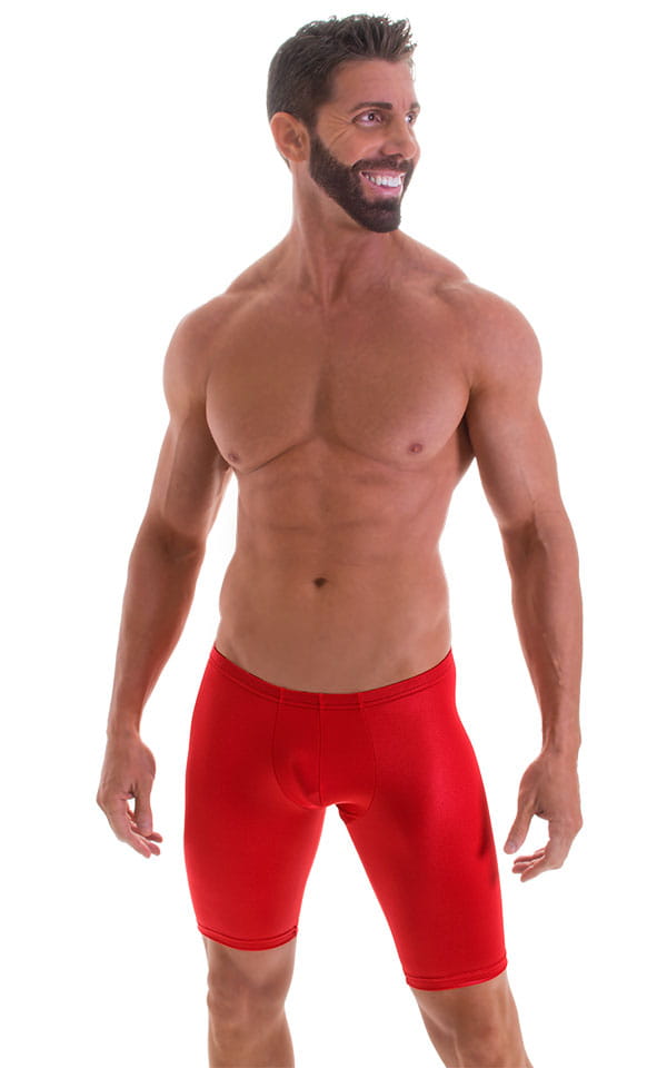 Fitted Pouch Lycra Shorts in Wet Look Lipstick Red, Front View