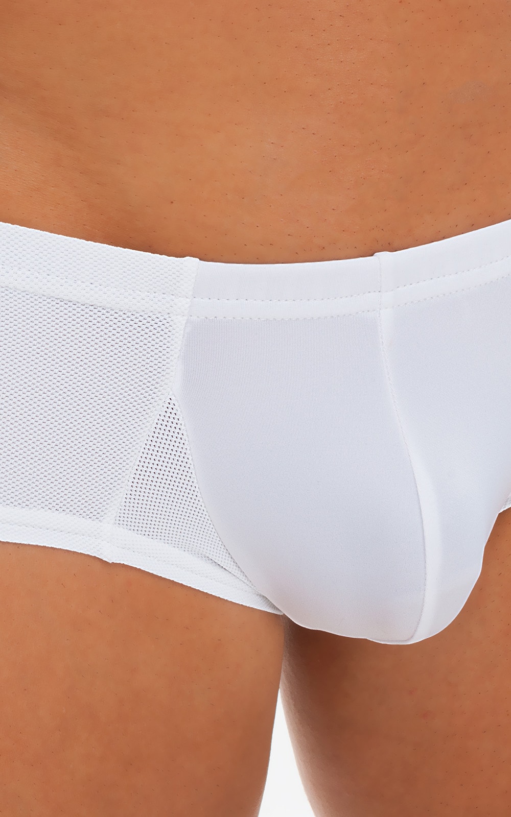 Pouch Enhanced Micro Square Cut Swim Trunks in Optic White and White Powernet 5