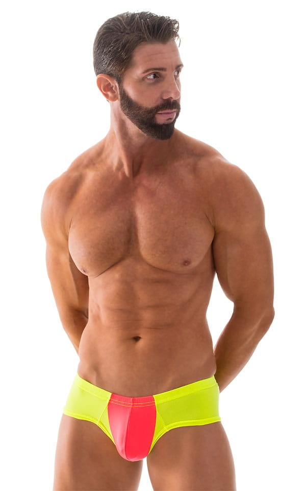 Pouch Enhanced Micro Square Cut Swim Trunks in ThinSKINZ Coral and Chartreuse 4