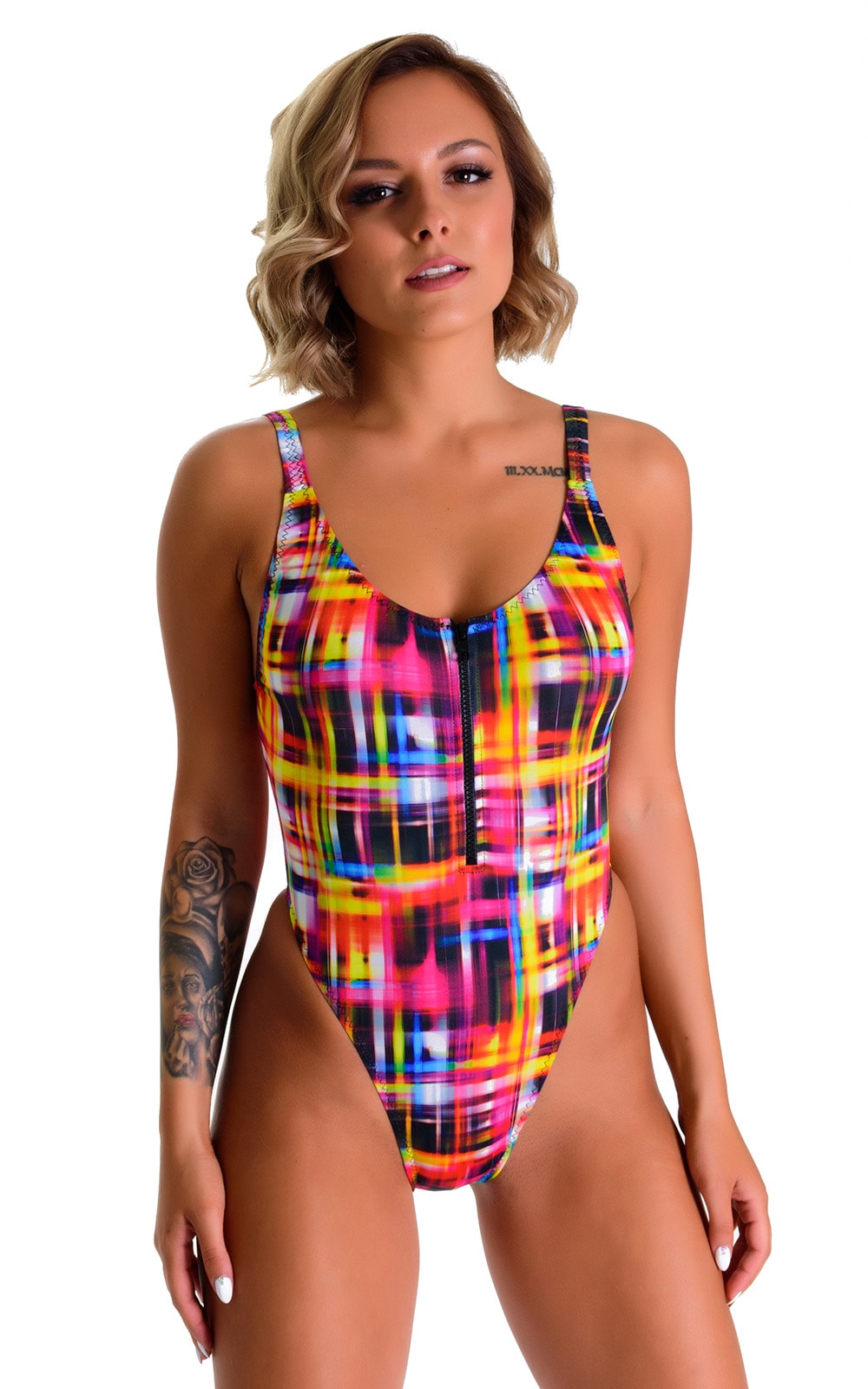 One Piece Zipper in Optic Plaid, Front View