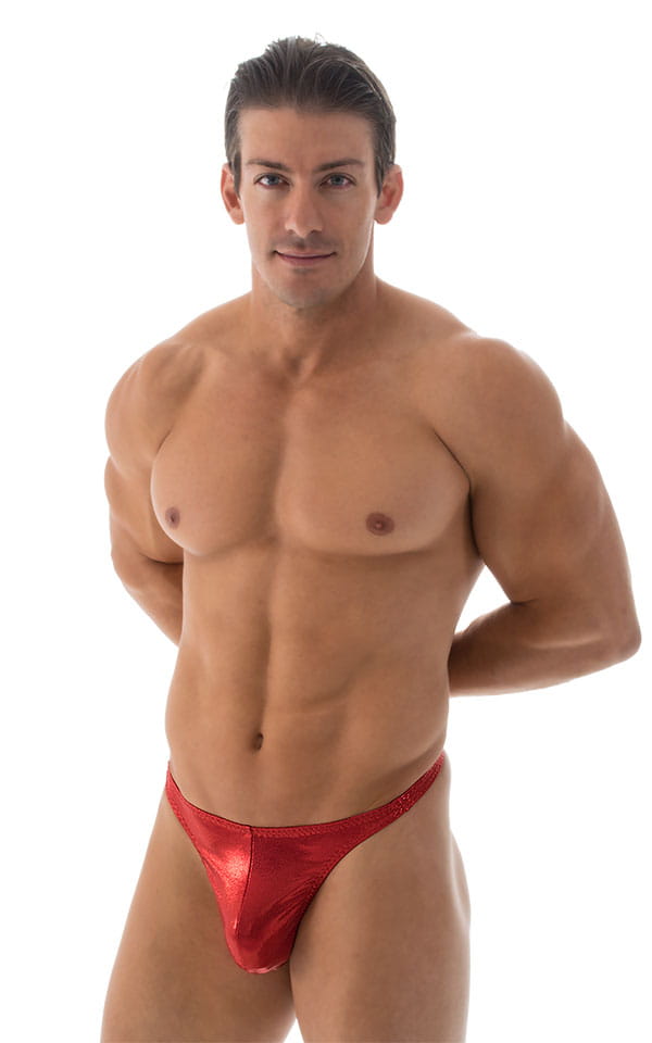 Swimsuit Thong with Pouch Enhancement in Metallic Volcano Red, Front View