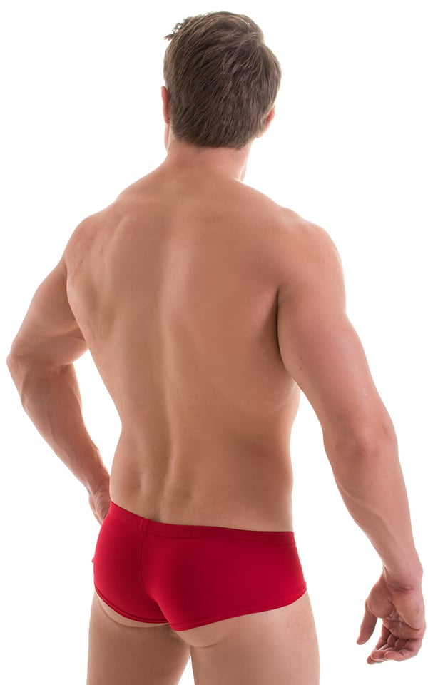 Pouch Enhanced Micro Swim Trunks in Semi-Sheer ThinSKINZ Red, Rear View