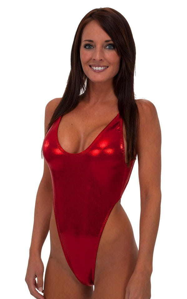 womens sexy swimwear one piece thong swimsuit in Metallic Mystique Volcano Red