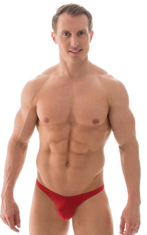 mens sexy bikini with fitted pouch and rear in  ThinSKINZ Lipstick Red, Front View