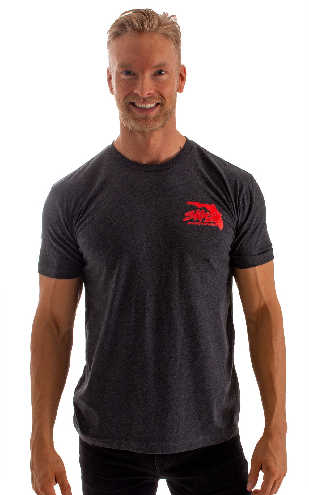 SKINZ  Red Logo on Charcoal Heather Tee Shirt, Front Alternative
