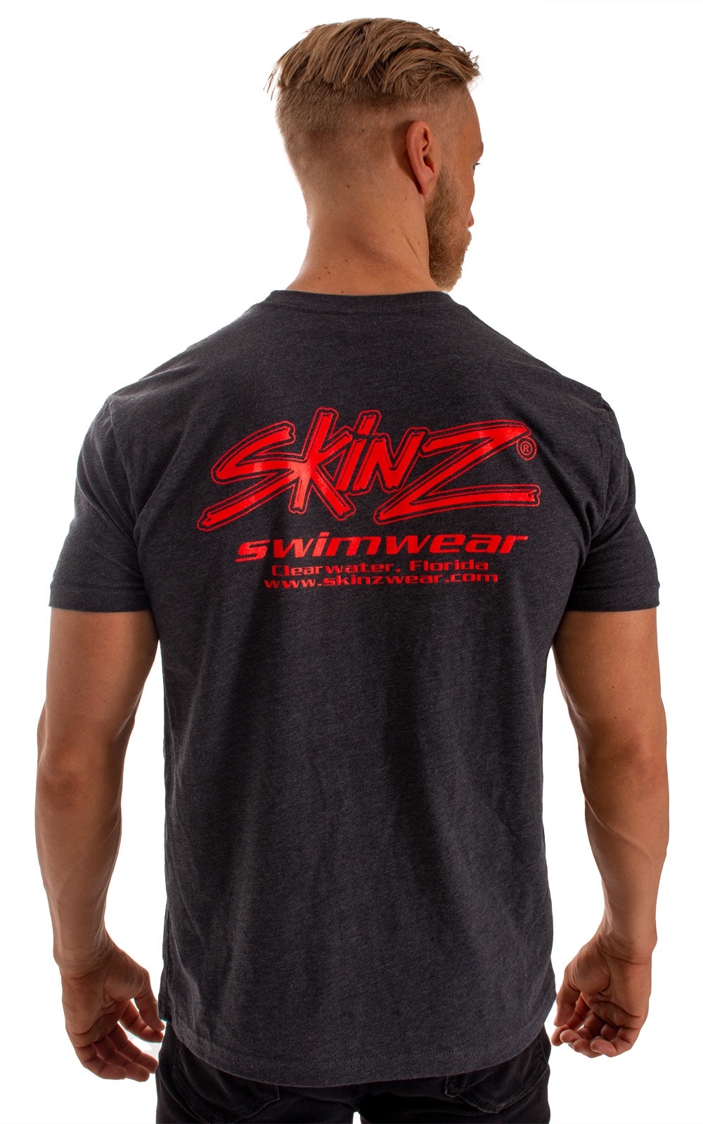 SKINZ  Red Logo on Charcoal Heather Tee Shirt, Rear Alternative