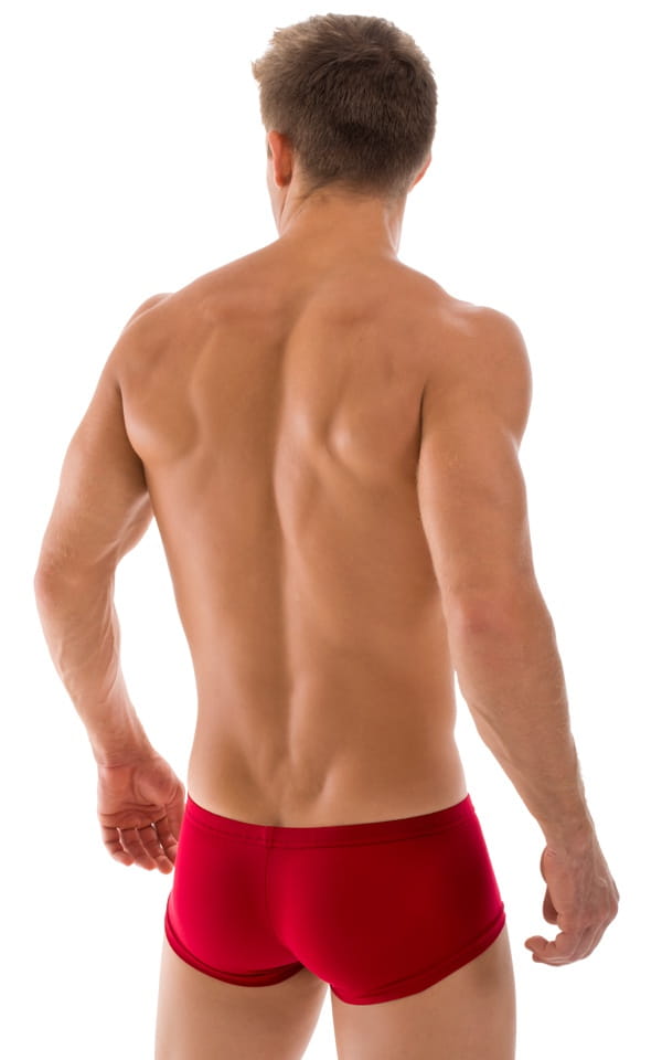 Extreme Low Square Cut Swim Trunks in Semi Sheer ThinSkinz Red, Rear View