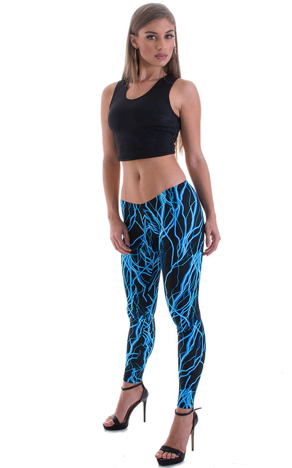 Womens Super Low Rise Fitness Leggings in Lazer Blue Lightning, Front View