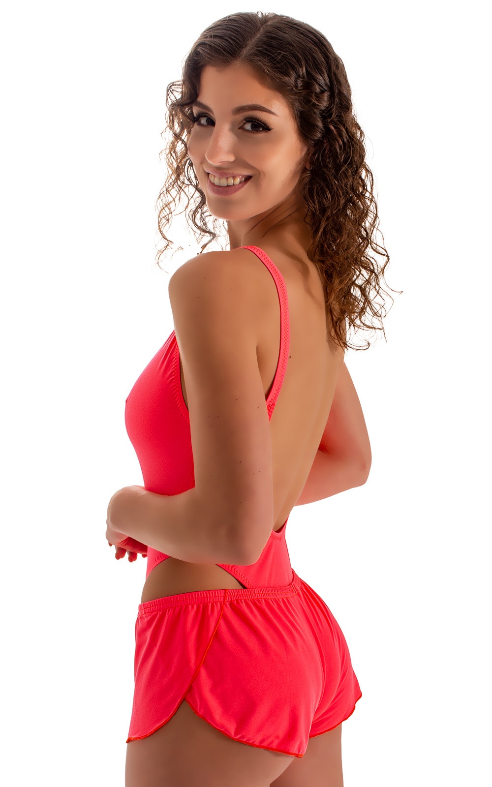 SusieQ Split Short Beach Cover-Up in Semi Sheer ThinSkinz Neon Coral, Rear View