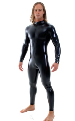 Full Bodysuit Zentai Lycra Spandex Suit for men in Gloss Black Superstretch Vinyl, Front View