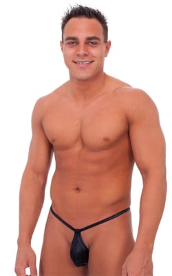 Teardrop G String Swim Suit in Wet Look Black, Front View