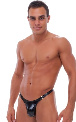Male Review Stripper Swim Thong in Gloss Black Vinyl, Front View
