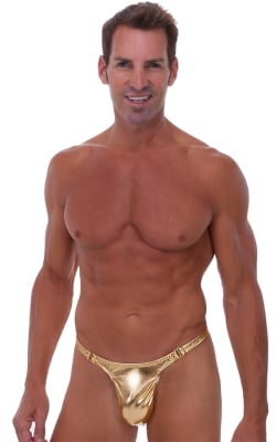 Male Review Stripper Swim Thong in Liquid Gold, Front View