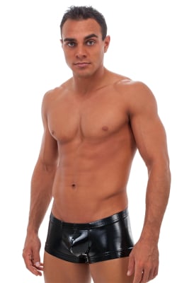 Square Cut - Fitted - Watersports Swim Trunks in Gloss Black Vinyl, Front View