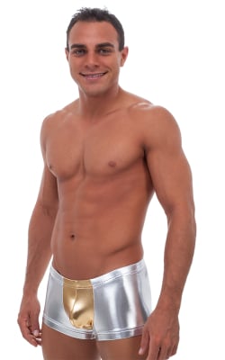 Square Cut - Fitted - Watersports Swim Trunks in Gold/Silver, Front View