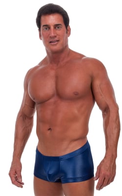 Square Cut - Fitted - Watersports Swim Trunks in Wet Look Navy Blue, Front View
