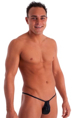 Adjustable to Micro Pouch Tanning Bikini in Wet Look Black, Front Alternative