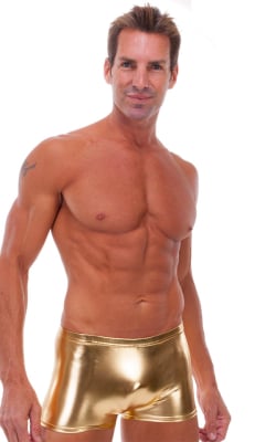 Square Cut Seamless Swim Trunks in Liquid Gold, Front View