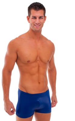 Square Cut Seamless Swim Trunks in Wet Look Dark Navy Blue, Front View