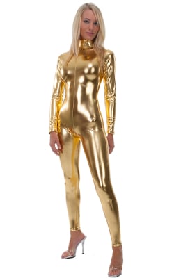 Back Zipper Catsuit-Bodysuit in Metallic Liquid Gold, Front View