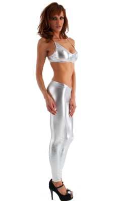 Womens Low Rise Leggings - Fashion Tights in Liquid Silver nylon/lycra, Front View