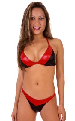 Womens 3 Panel Triangle Swimsuit Top in Wet Look Black and Wet Look Lipstick Red, Front View