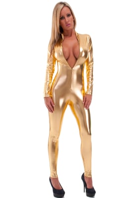 Front Zipper Catsuit-Bodysuit in Liquid Gold, Front View