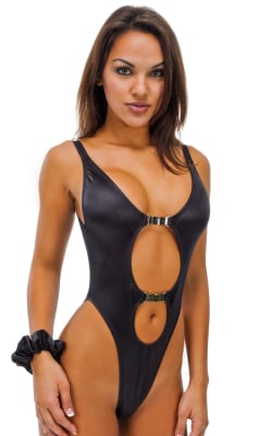 One Piece Keyhole Rio Bikini in Wet Look Black, Front View