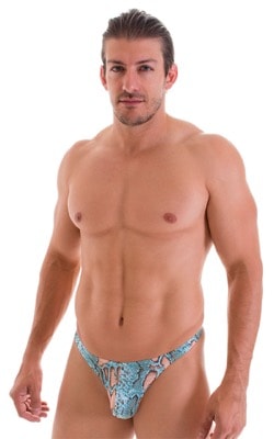 T Back Thong Swimsuit in ThinSkinz Aqua Python, Front View