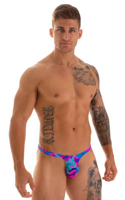 T Back Thong Swimsuit - Bravura Pouch in Tahitian Magenta Aqua, Front View
