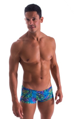 mens swimwear extreme low tan through boxer swimsuit in tan through neon ferns