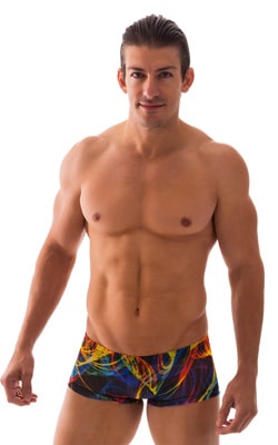 Extreme Low Square Cut Swim Trunks in Tan Through RaveUp, Front View