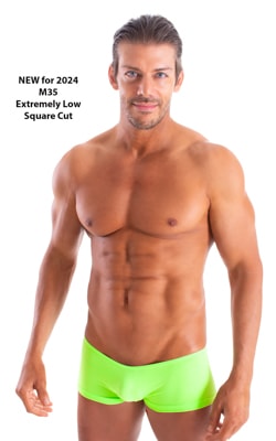 mens swimwear micro square cut swimsuit trunks by skinz swimwear in Semi Sheer ThinSkinz Neon Lime