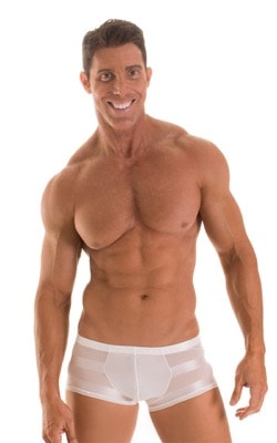 Fitted Pouch - Boxer - Swim Trunks in Super ThinSKINZ White &  White Satin Stripe Mesh, Front View