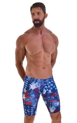 Fitted Pouch Lycra Shorts in American Flag Collage, Front View