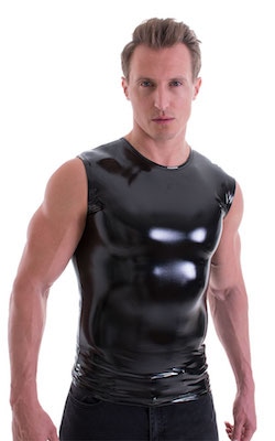 Sleeveless Lycra Muscle Tee in Gloss Black Stretch Vinyl Cotton-Lycra, Front View