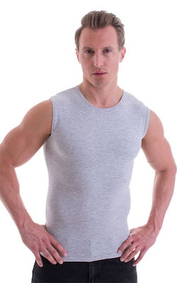 Sleeveless Lycra Muscle Tee in Heather Grey Cotton-Lycra, Front View