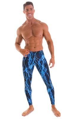 Mens Leggings Tights in Blue Lightning on Black, Front View