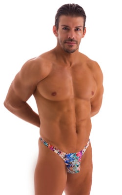 mens micro pouch thong back sexy swimsuit in swimwear fabric Rainbow Reptile