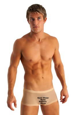 Extreme Low Square Cut Swim Trunks in semi SHEER Nude PowerNet, Front View