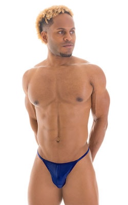 Smooth Pouch Skinny Sides Swim Thong in Wet Look Navy Blue, Front View