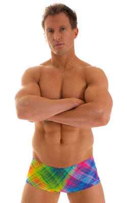 Extreme Low Square Cut Swim Trunks in ThinSKINZ Diagonal Plaid, Front View