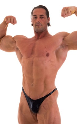mens posing suit with fitted pouch and fitted puckered butt bodybuilder bikini in metallic black