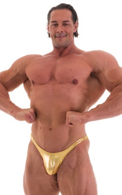 mens posing suit with fitted pouch and puckered butt bodybuilder bikini half back in metallic gold