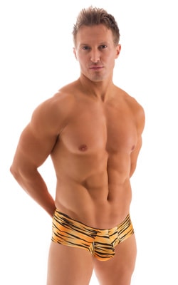 Pouch Enhanced Micro Square Cut Swim Trunks in ThinSKINZ Golden Kat, Front View
