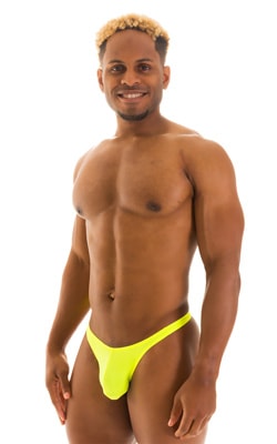 mens swimwear classic t back thong swimsuit in sheer Chartreuse neon yellow