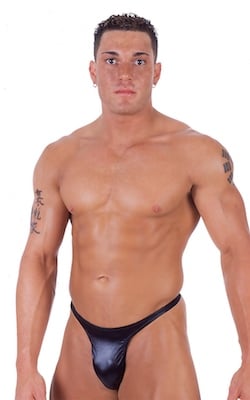 Smooth Pouch - T Back Thong Swimsuit in Wet Look Black, Front View