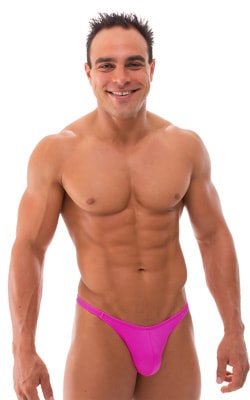 mens sexy bikini swimsuit with fitted pouch and fitted puckered butt in neon hot pink